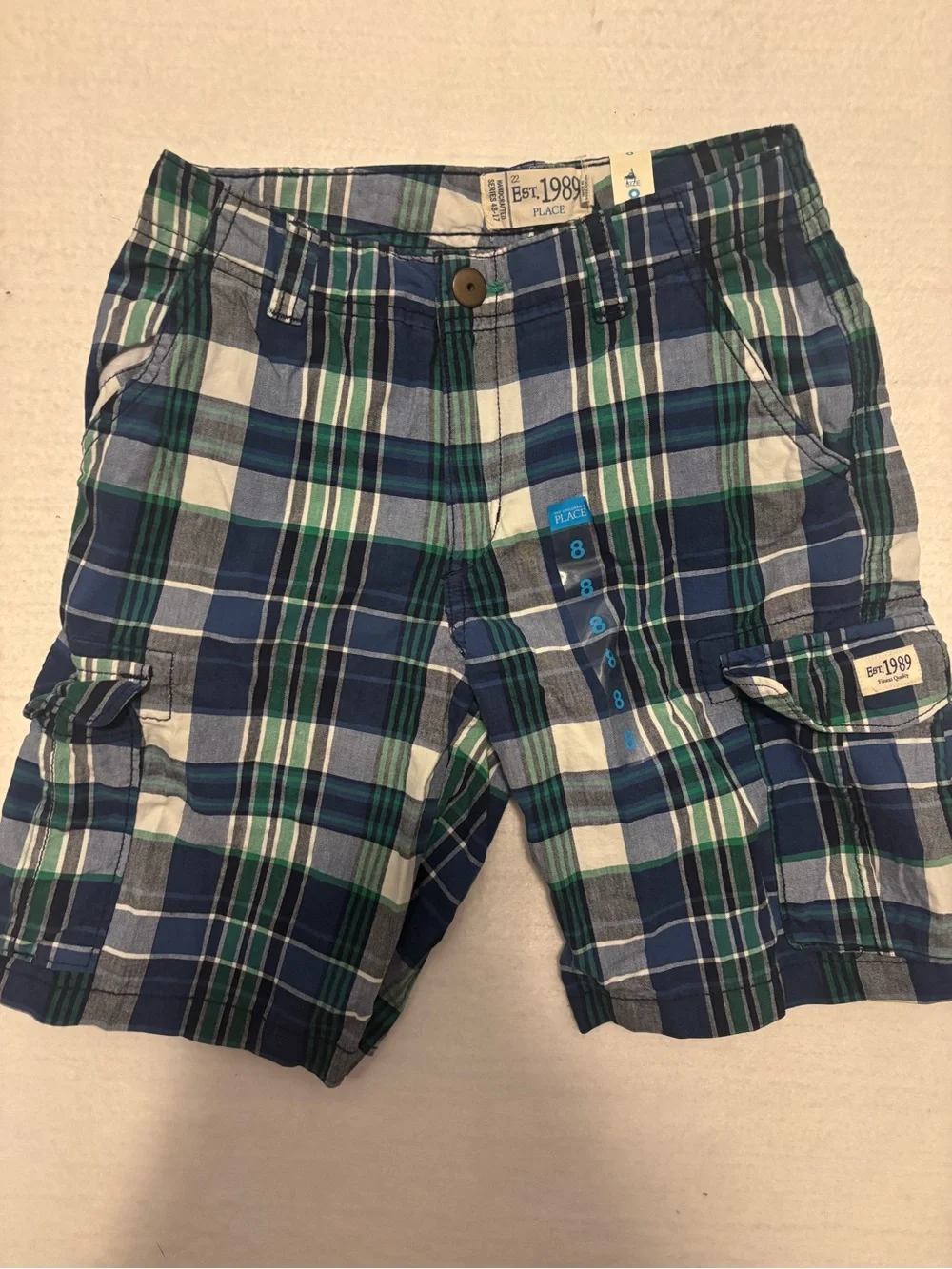 The Children's Place Blue Green Plaid Cargo Boys Shorts Size 8